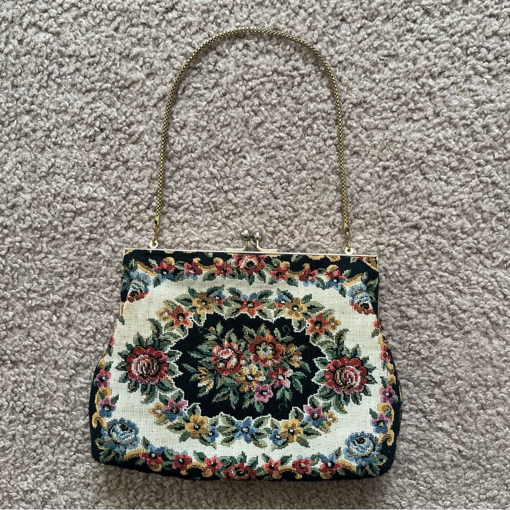 Vintage Floral Petit Point Needlepoint Tapestry Bag Gold Handle Dainty Evening - Picture 1 of 4